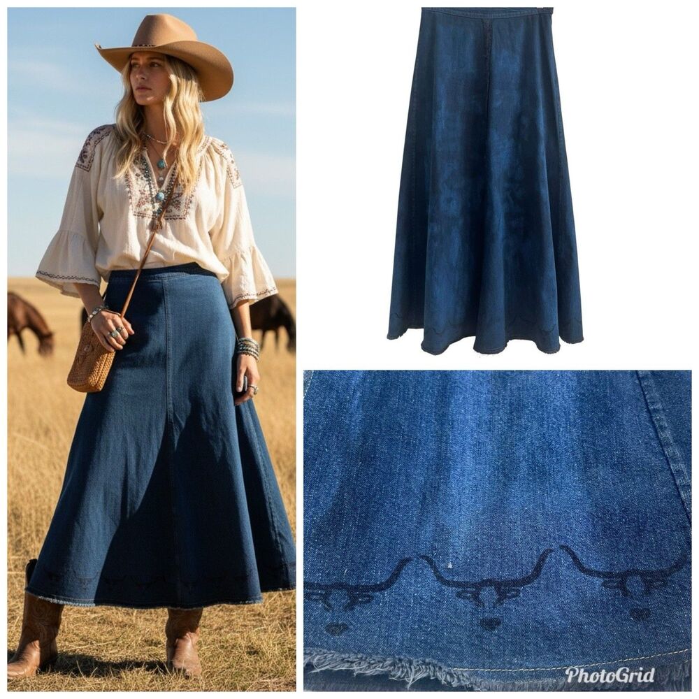 Heyne Bogut Denim Maxi Skirt 1 S Hand Printed Cow Bull Western Rodeo Festival